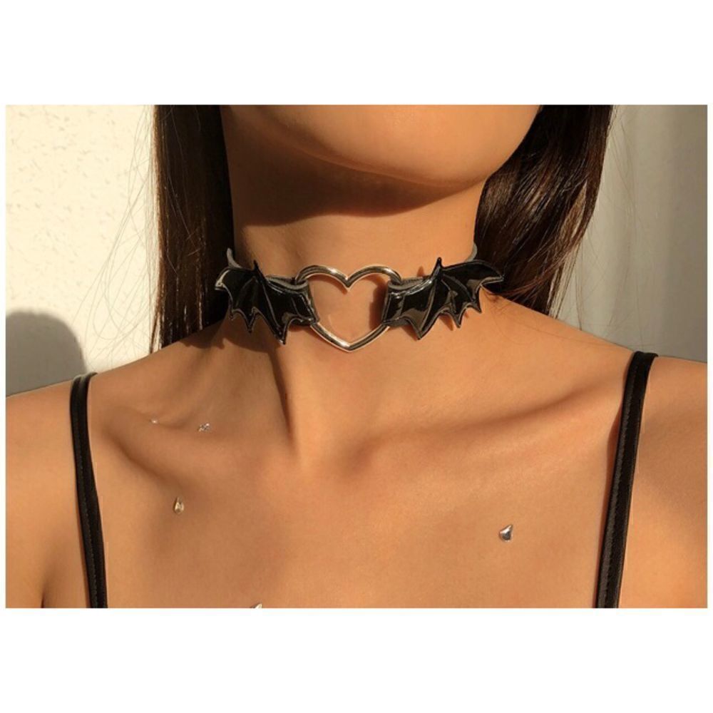 Goth Black Faux Leather Silver Heart Choker-OS